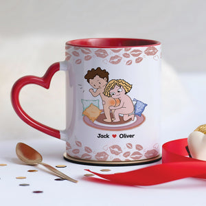 365Gifty personalized couple mug with cartoon couple design and heart-shaped handle in red