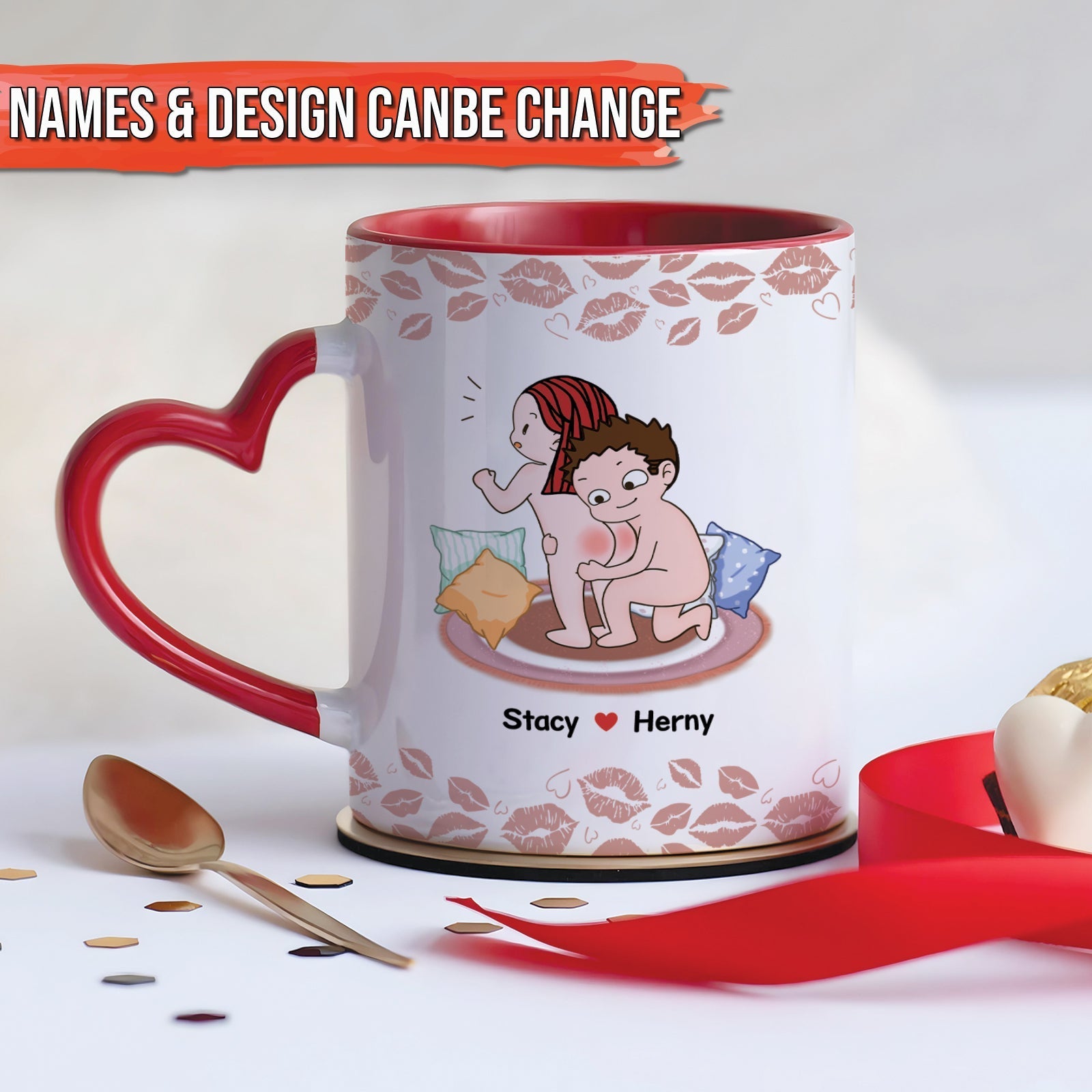 365Gifty personalized couple mug with heart-shaped handle and cute cartoon design of a couple