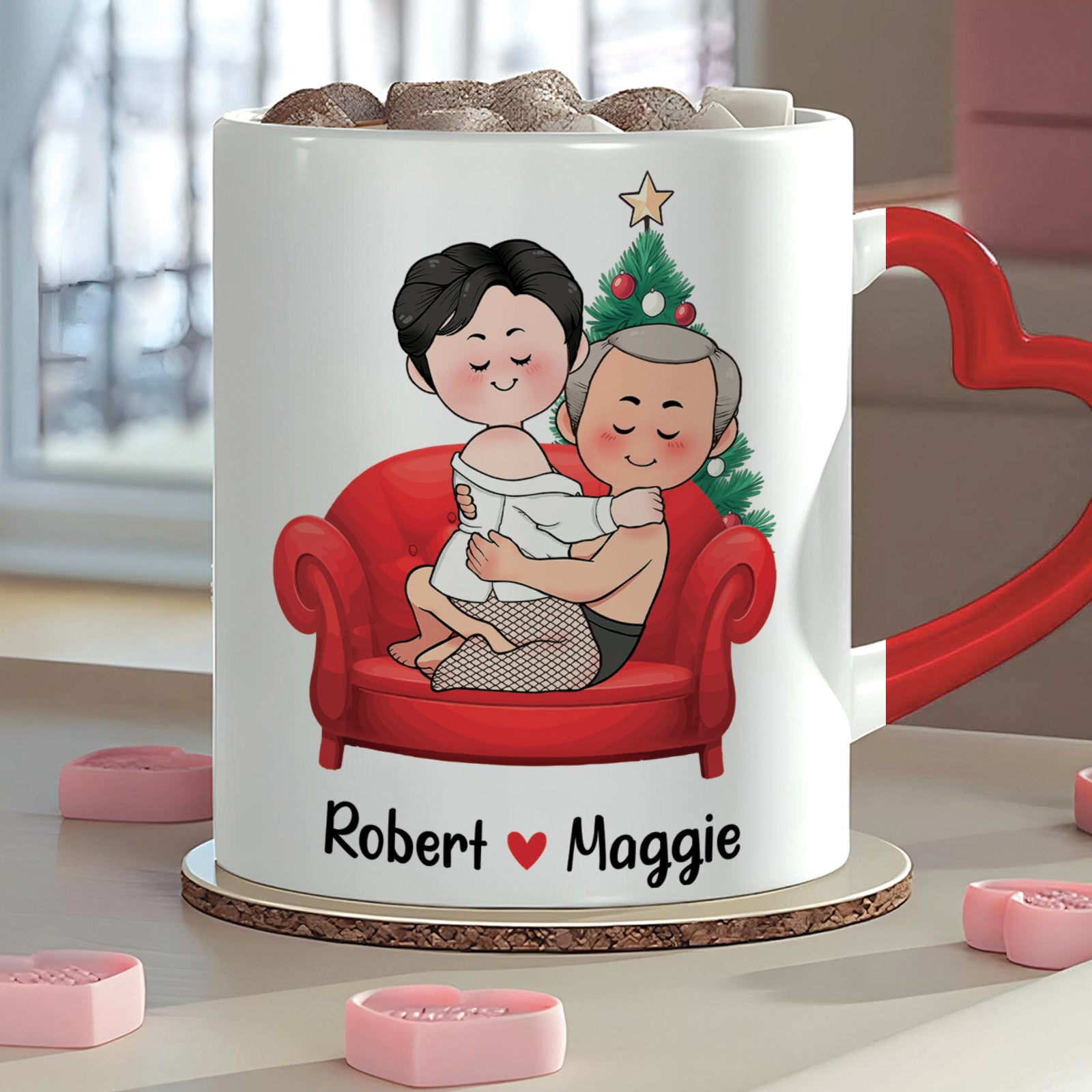 Personalized couple mug featuring cartoon characters with names Robert and Maggie on a festive couch
