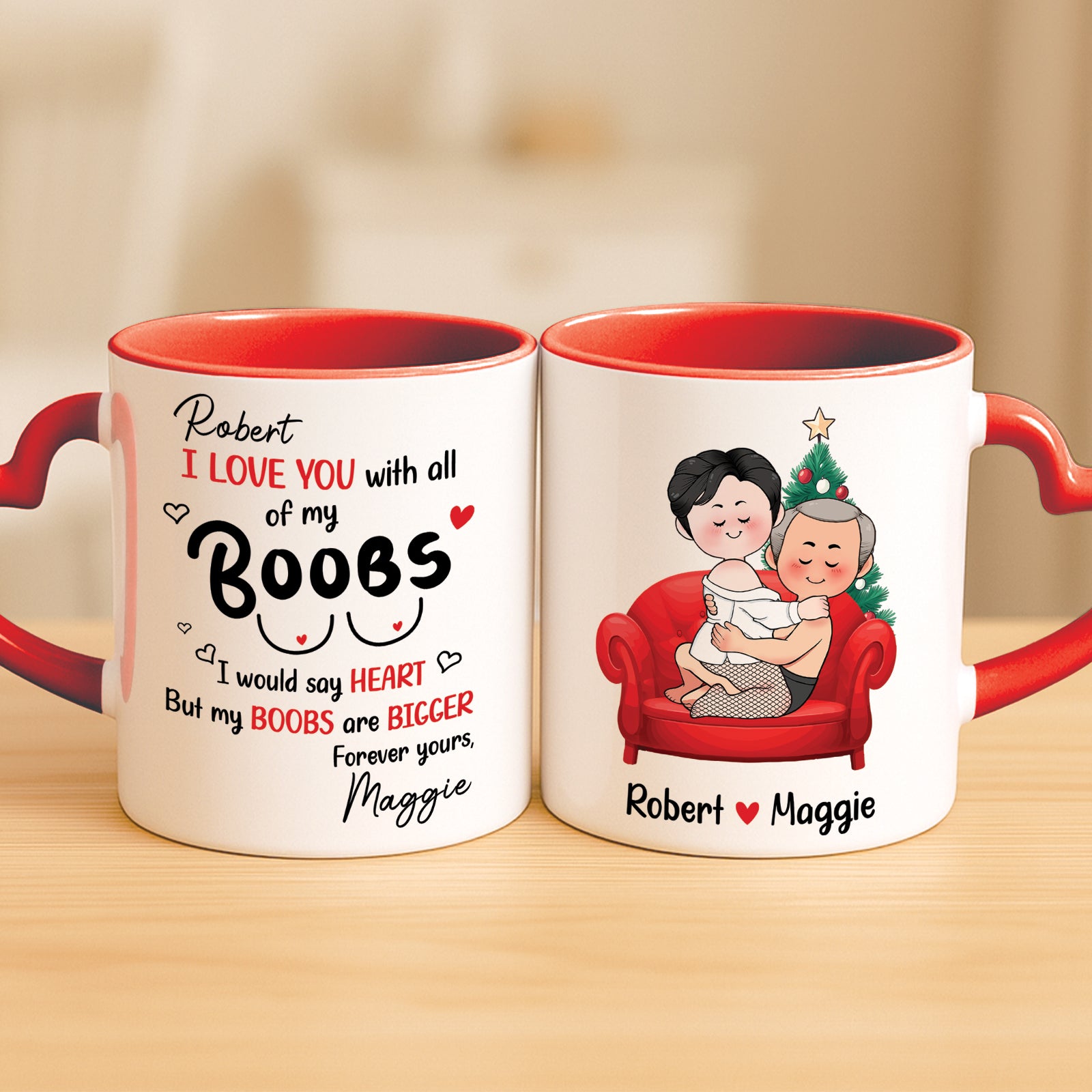 Personalized couple mug with fun text and cute illustration for gifting to loved ones