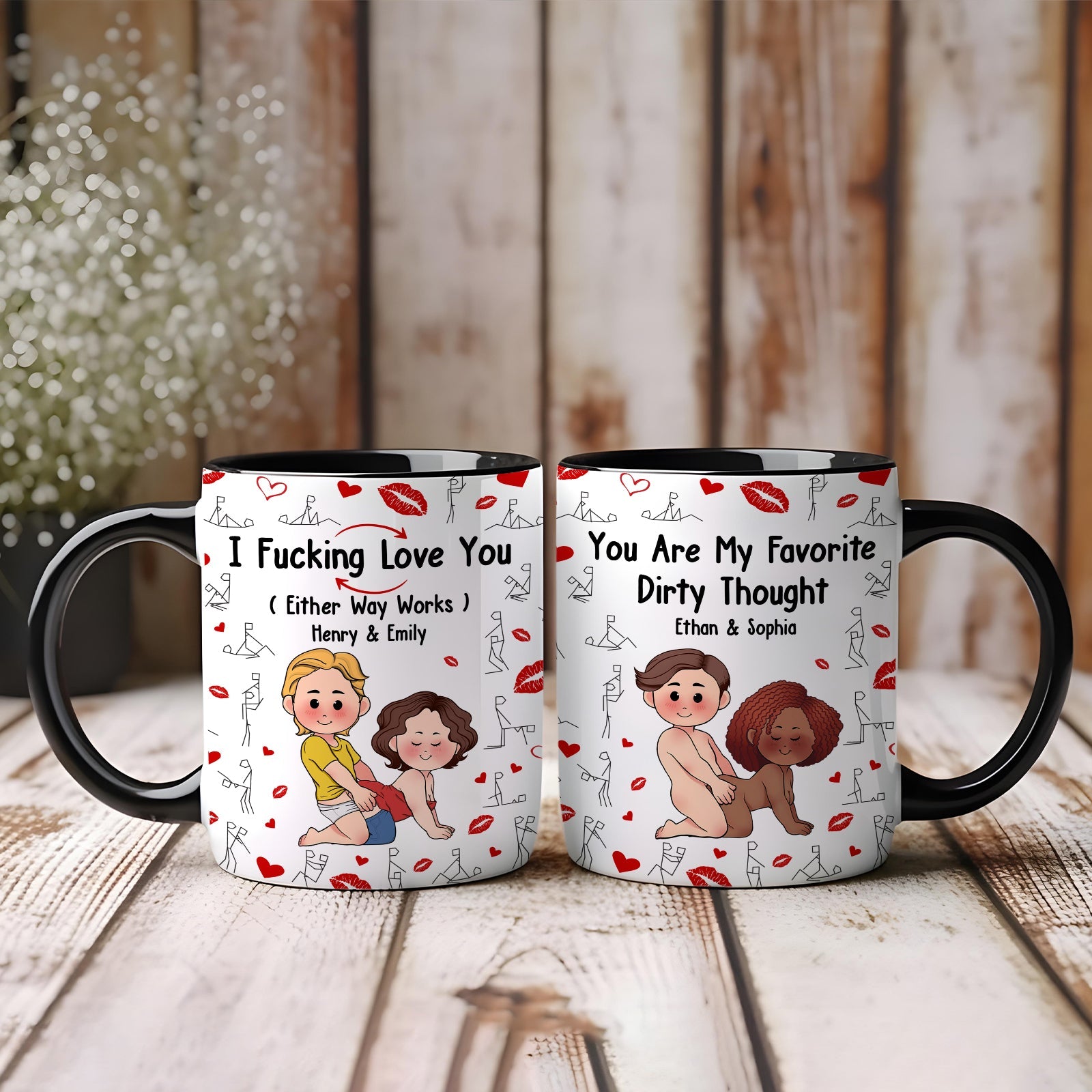 Personalized couple mug set with cartoon couple designs and romantic text on black handle mugs