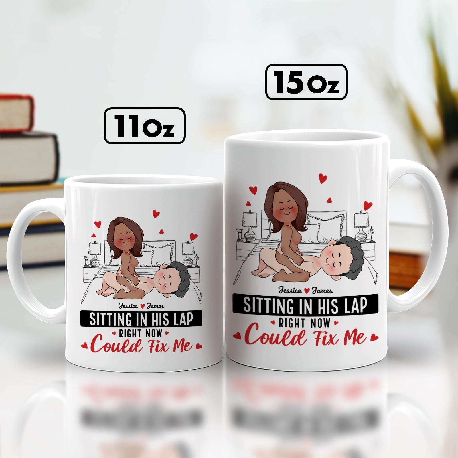 Personalized couple mug featuring a cute illustration and humorous text for couples