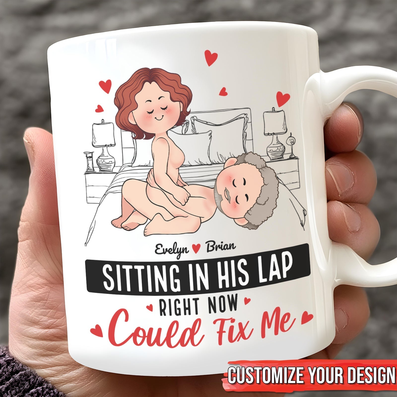 Personalized couple mug featuring custom illustration of a couple sitting together with fun text