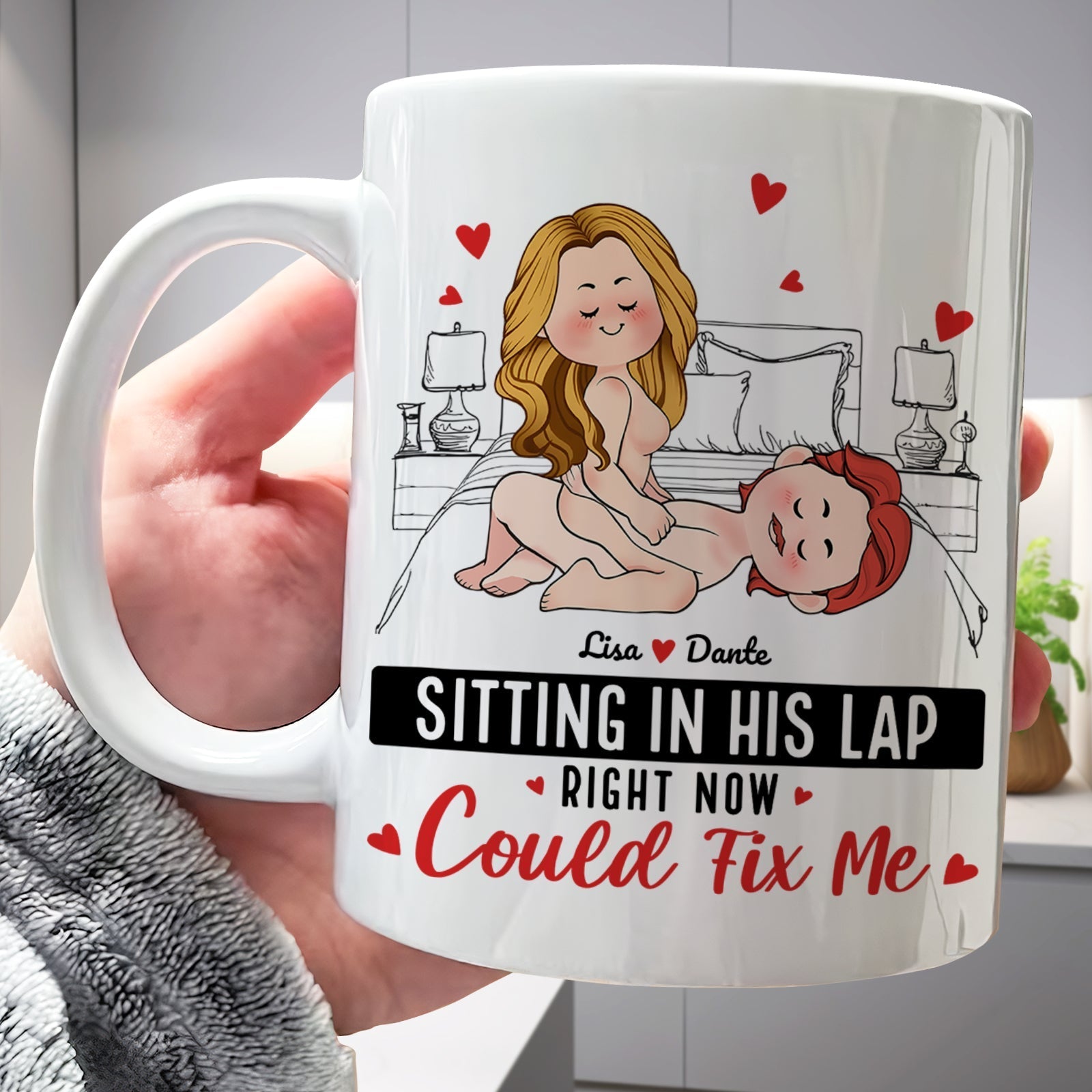 Personalized couple mug featuring a cute illustration with the text Sitting in His Lap Could Fix Me