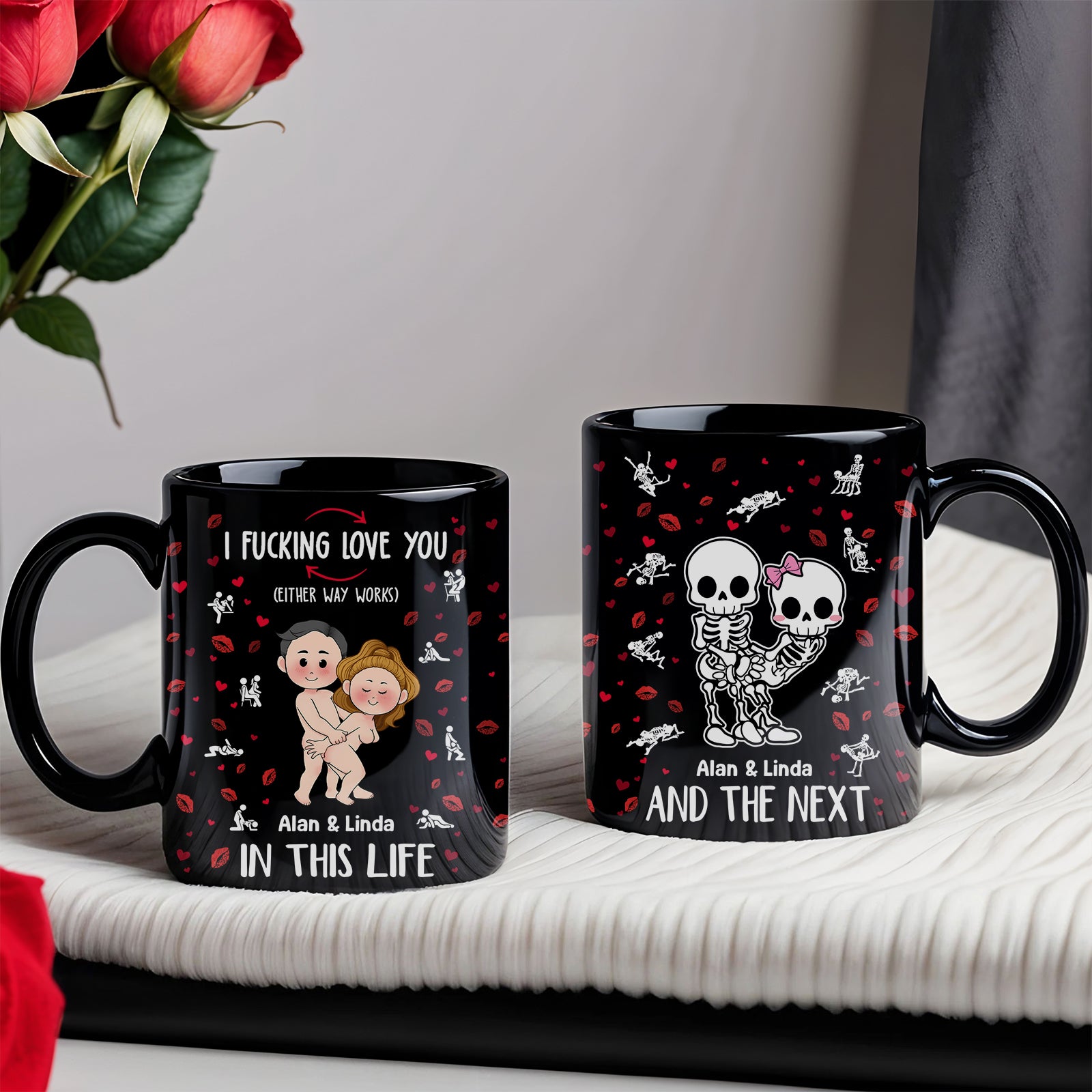 Black personalized couple mug with romantic skeleton and cartoon couple design by 365Gifty
