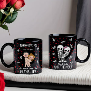 Black personalized couple mug with romantic skeleton and cartoon couple design by 365Gifty