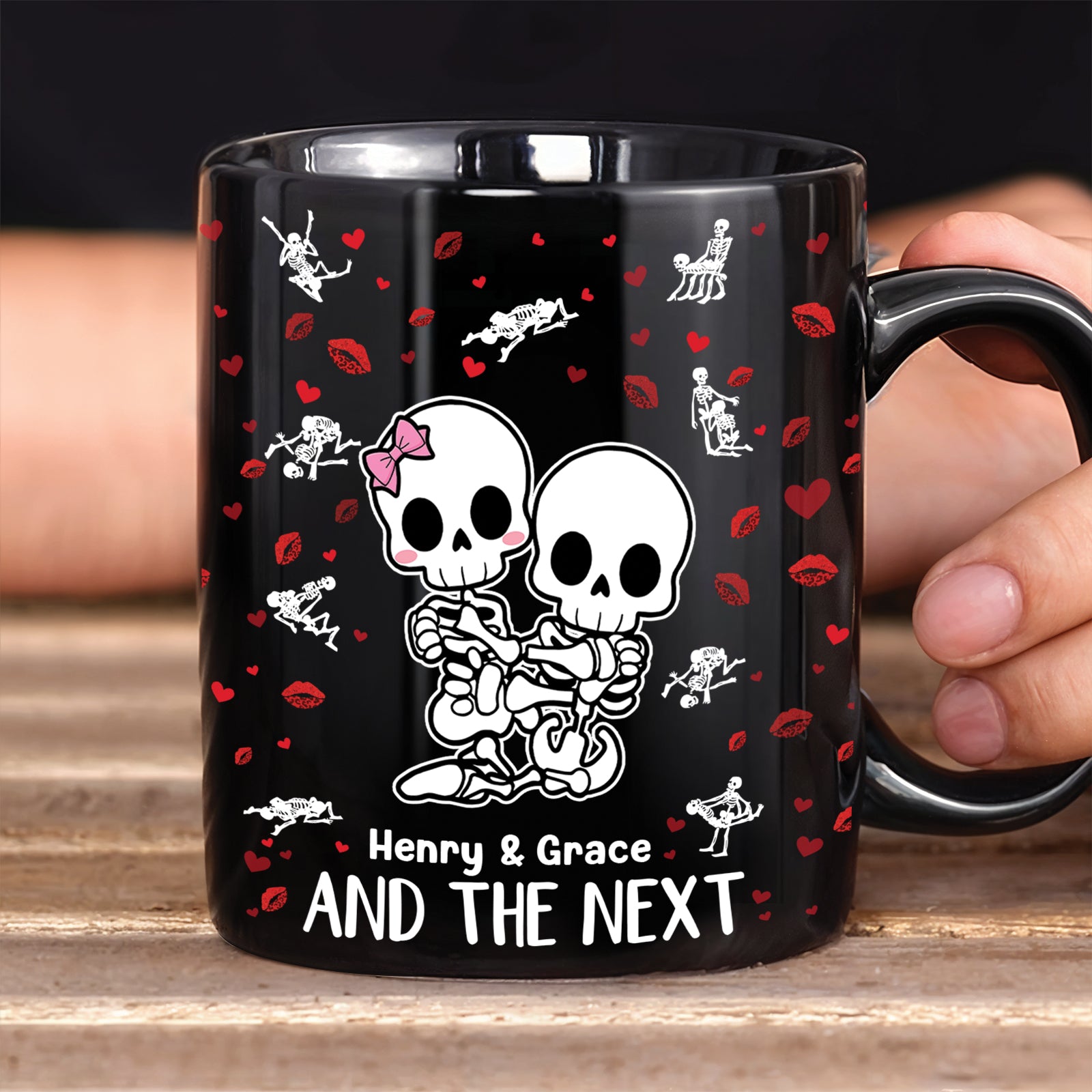 Black personalized couple mug with cartoon skeleton couple and red hearts and kisses design