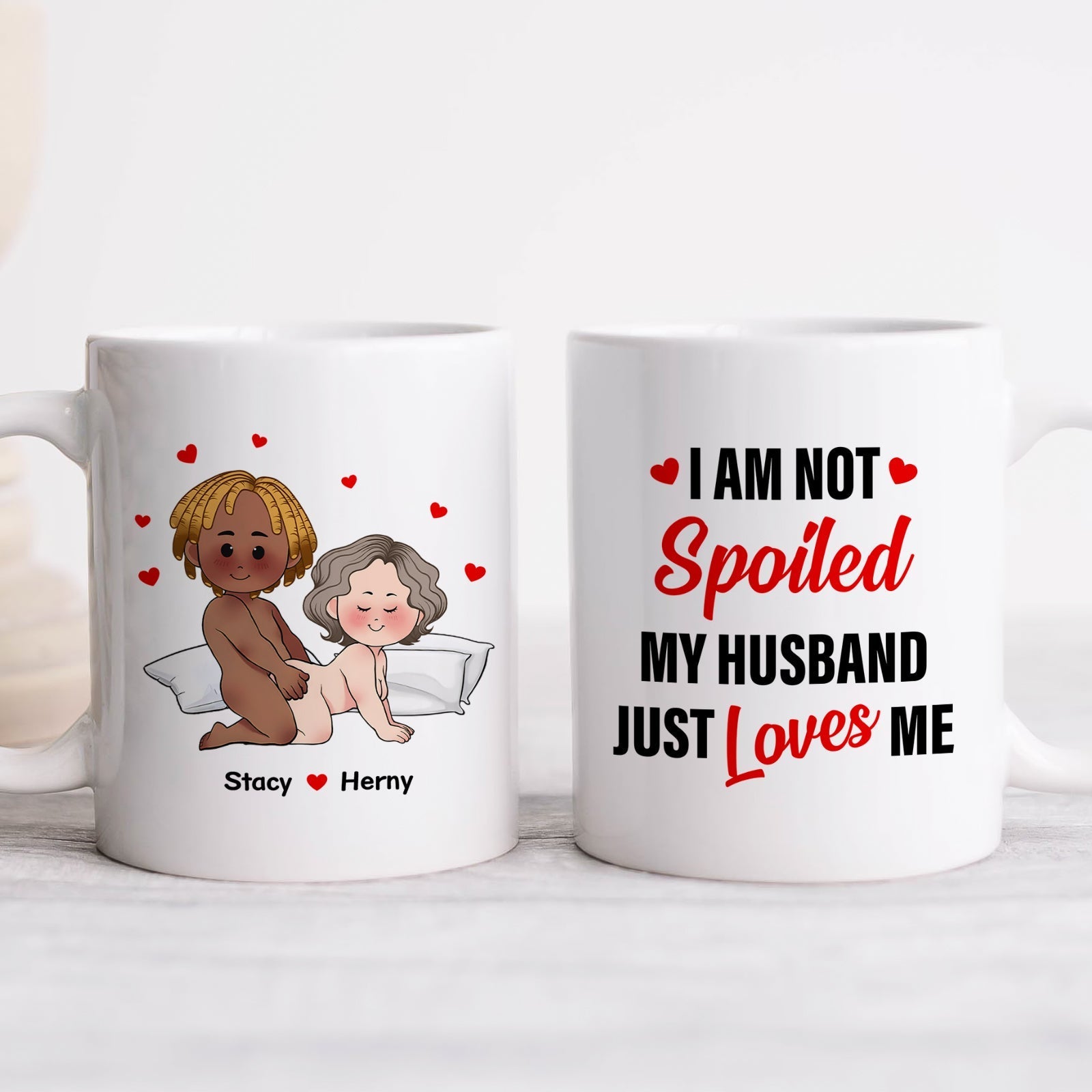 Personalized couple mug featuring cartoon characters with custom names and loving message for couples