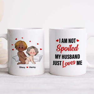 Personalized couple mug featuring cartoon characters with custom names and loving message for couples
