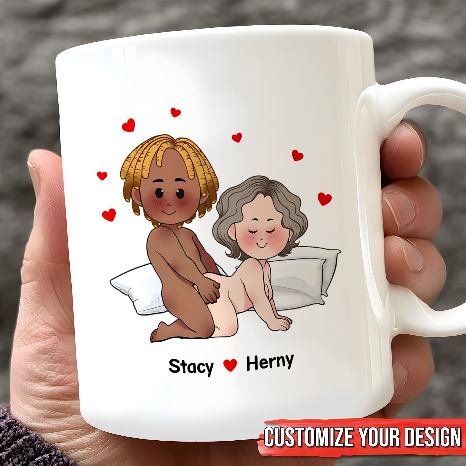 Personalized couple mug featuring cartoon characters with customizable names Stacy and Henry