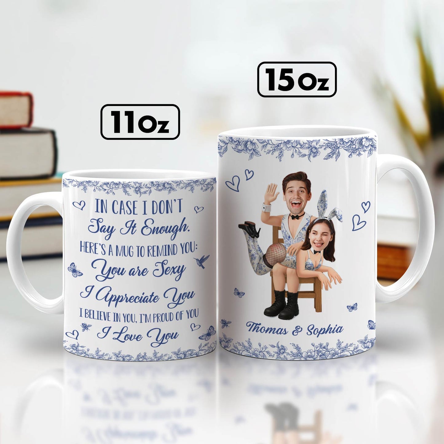 Personalized couple mug with romantic text and custom names Thomas and Sophia for unique gifting