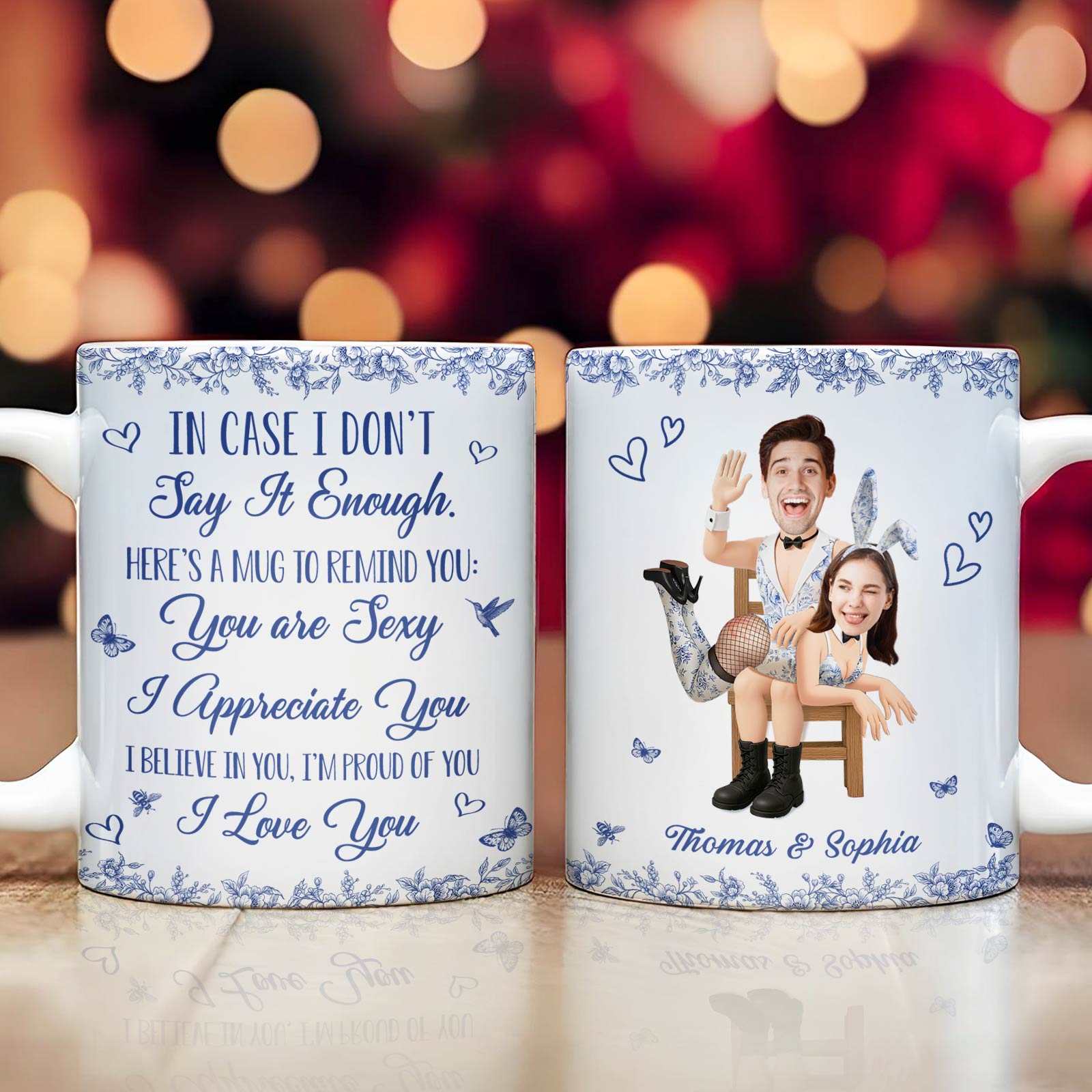 Personalized couple mug featuring a romantic message for Thomas and Sophia with a fun design