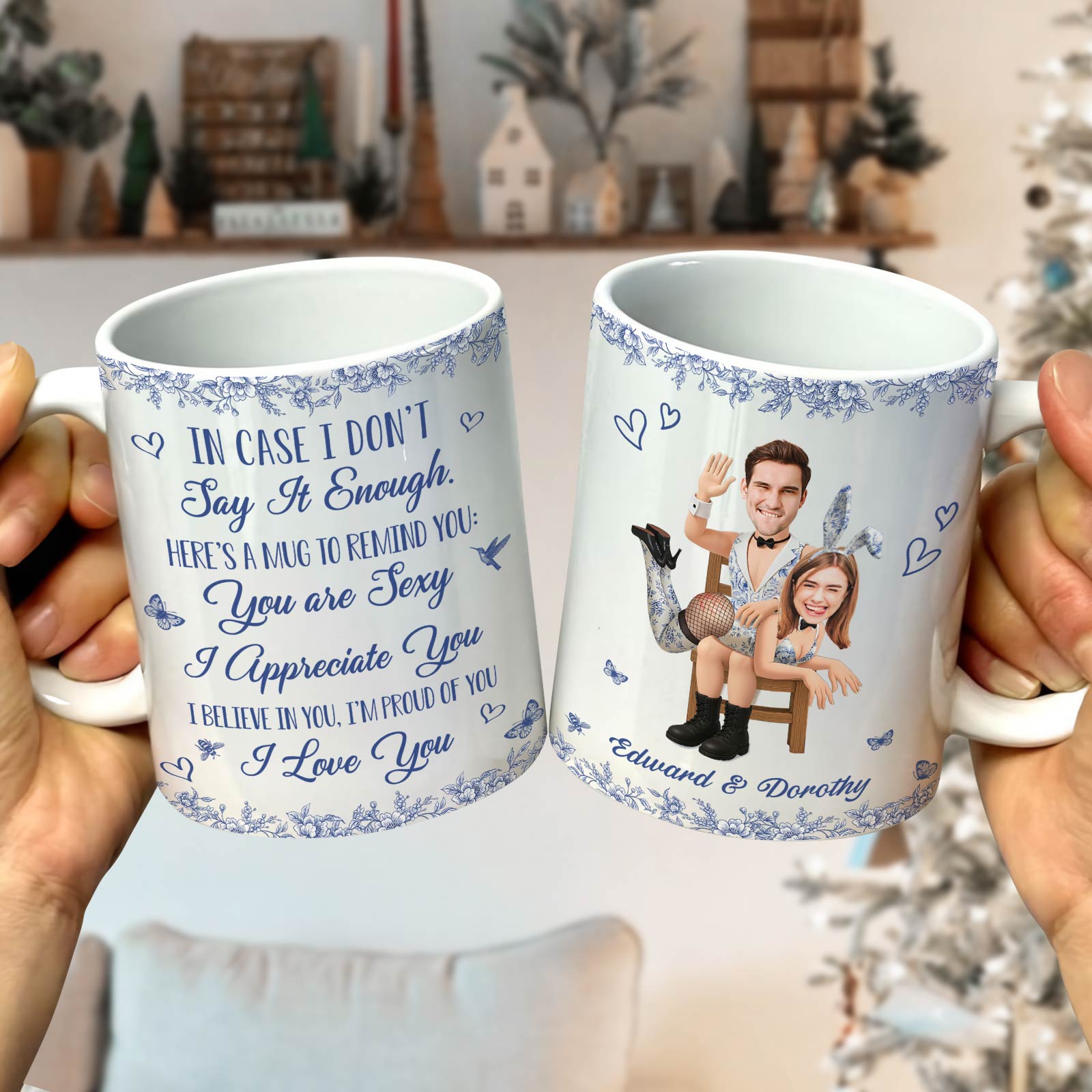 Personalized couple mug featuring custom illustrations and heartfelt message for couples