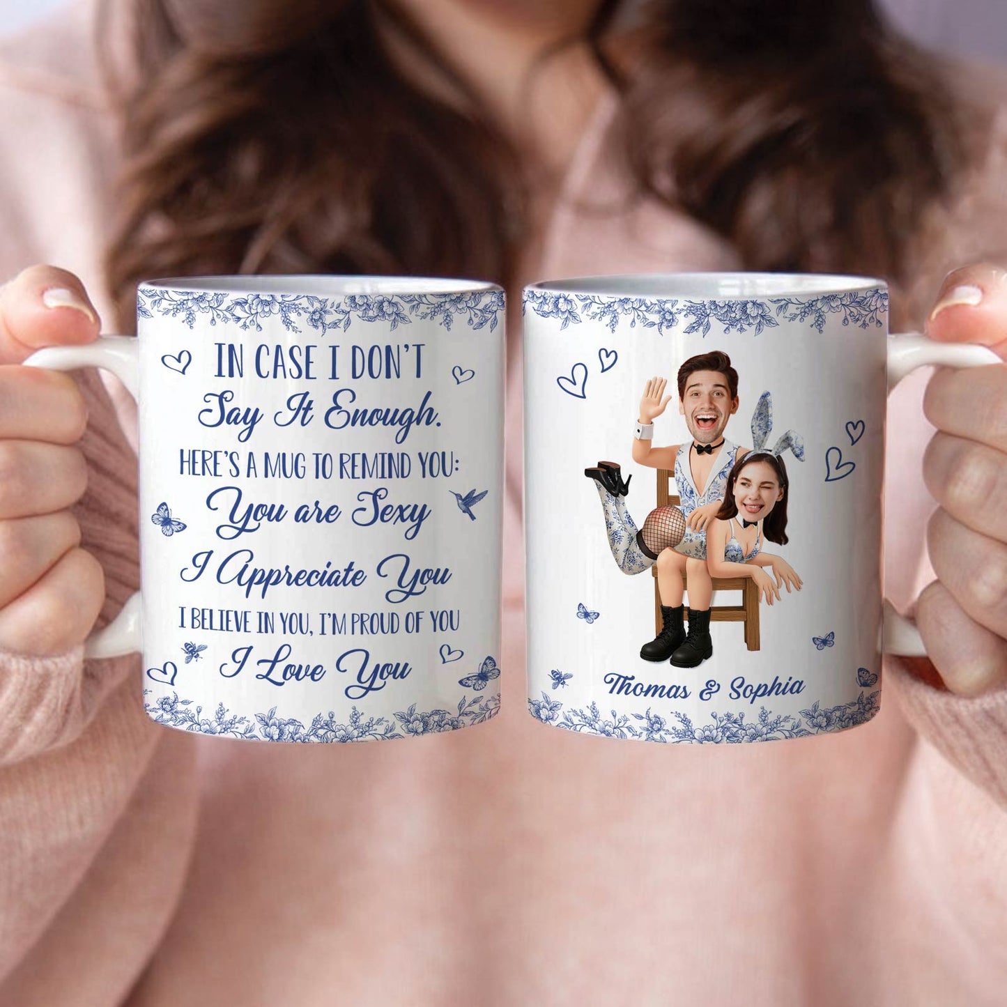 Personalized couple mug featuring a cartoon couple with a loving message and decorative floral details