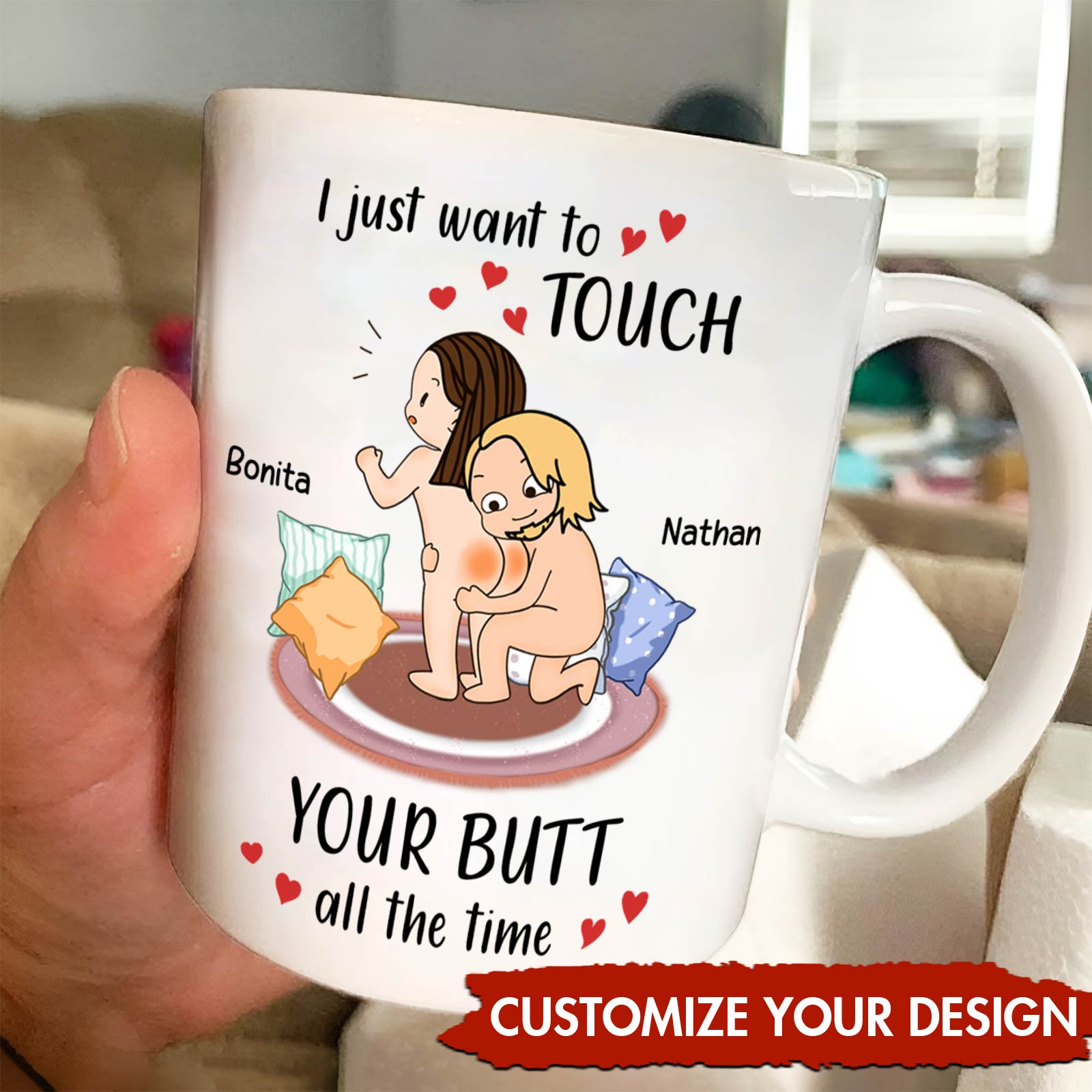 Personalized couple mug featuring a playful design with custom names and fun text for couples