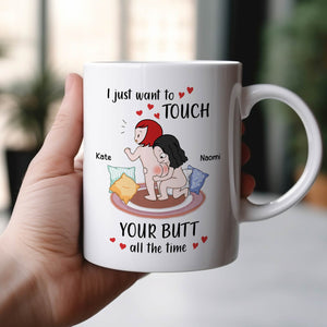 Humorous personalized couple mug featuring playful design and names Kate and Naomi