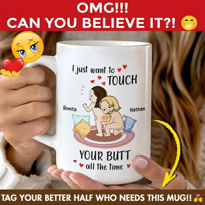 Personalized couple mug featuring playful cartoon characters with funny text for couples