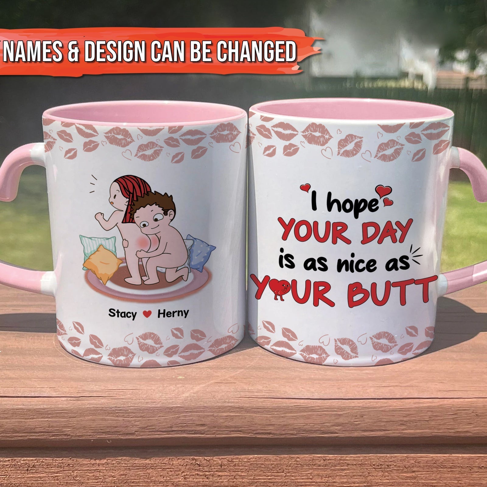 Personalized couple mug with funny illustration and customizable names Stacy and Herny with pink interior