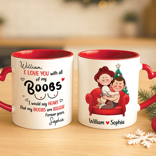 Personalized couple mug featuring playful designs and custom names for a romantic gift