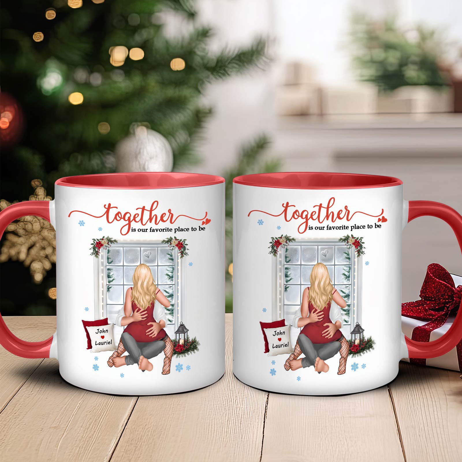 365Gifty personalized couple mug with red handles featuring a cozy winter scene and names on holiday tags