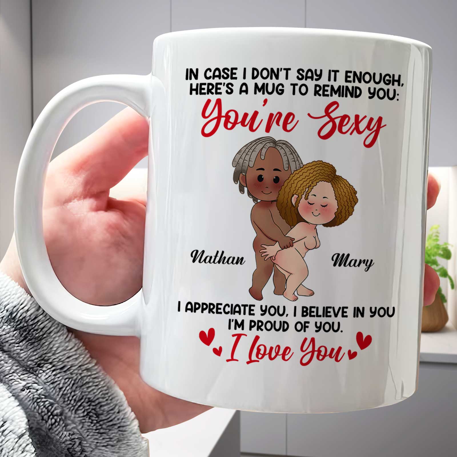 Personalized couple mug with cute illustration and loving message for a romantic gift