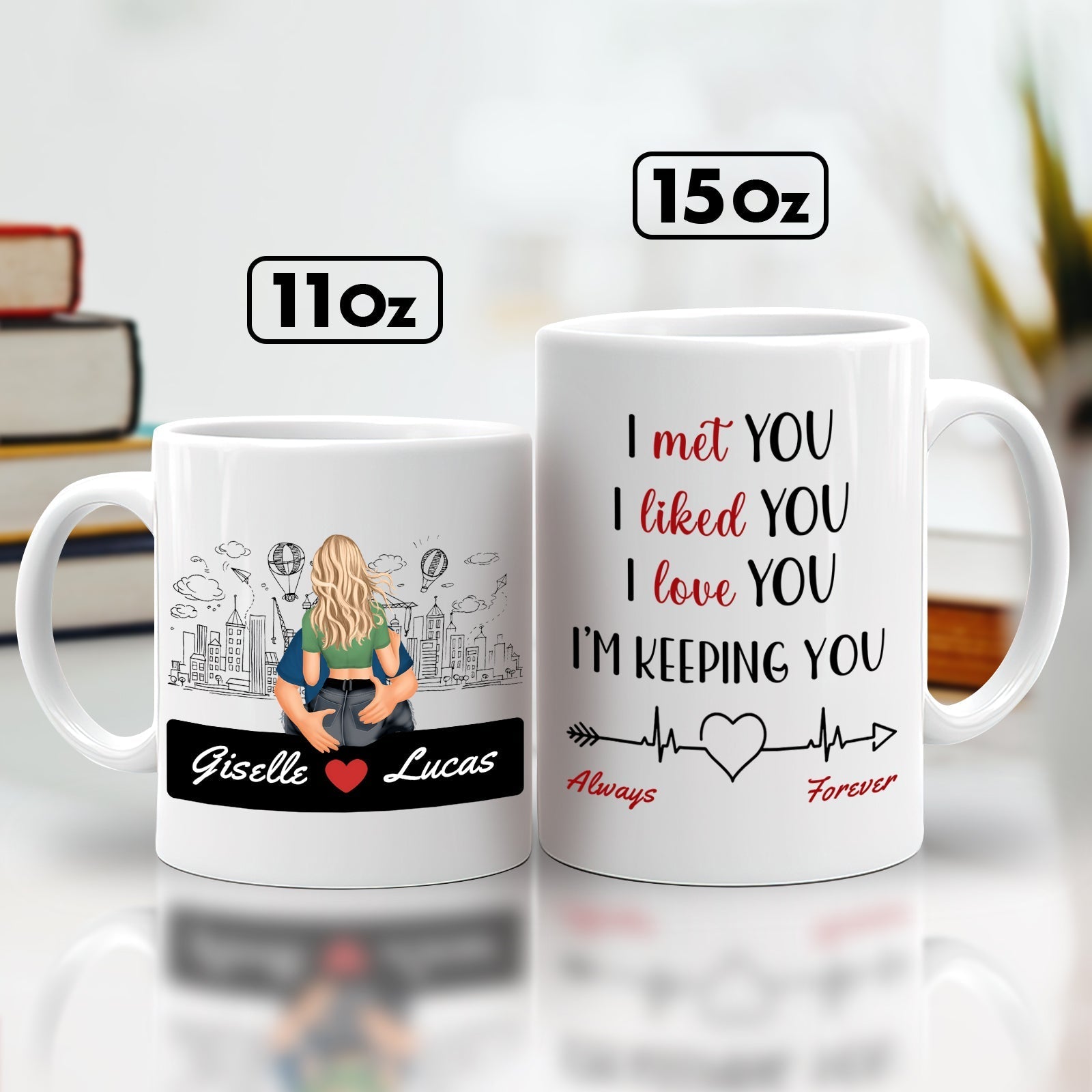 Personalized couple mugs featuring a romantic design and custom names for couples