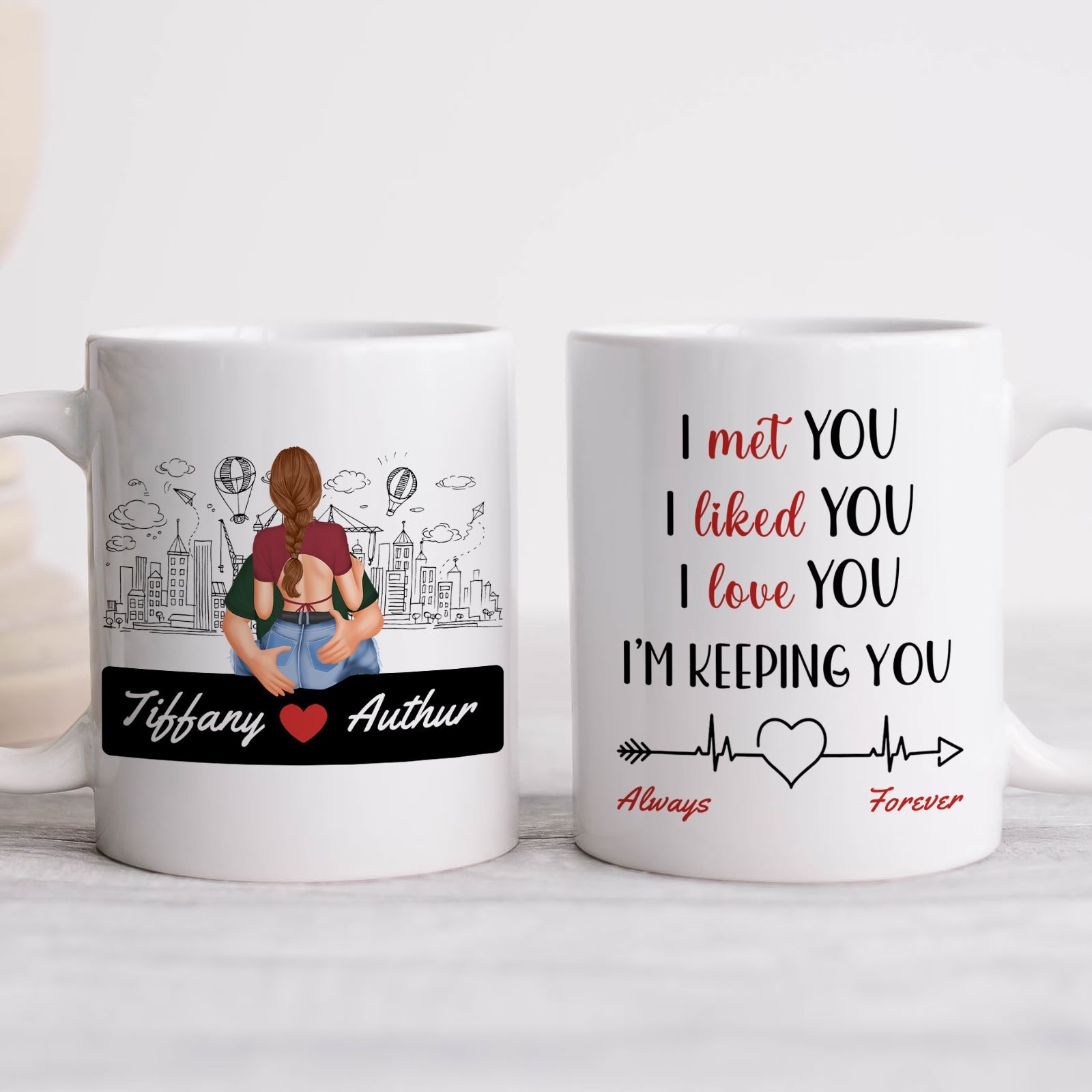 Personalized couple mugs featuring custom names and a romantic design for special gifts