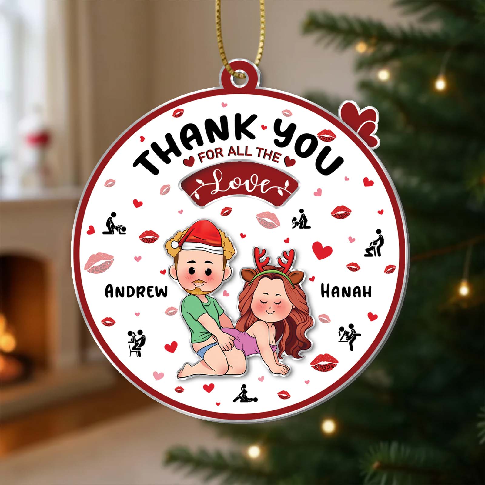 Personalized couple ornament featuring a festive design with names Andrew and Hanah for special occasions