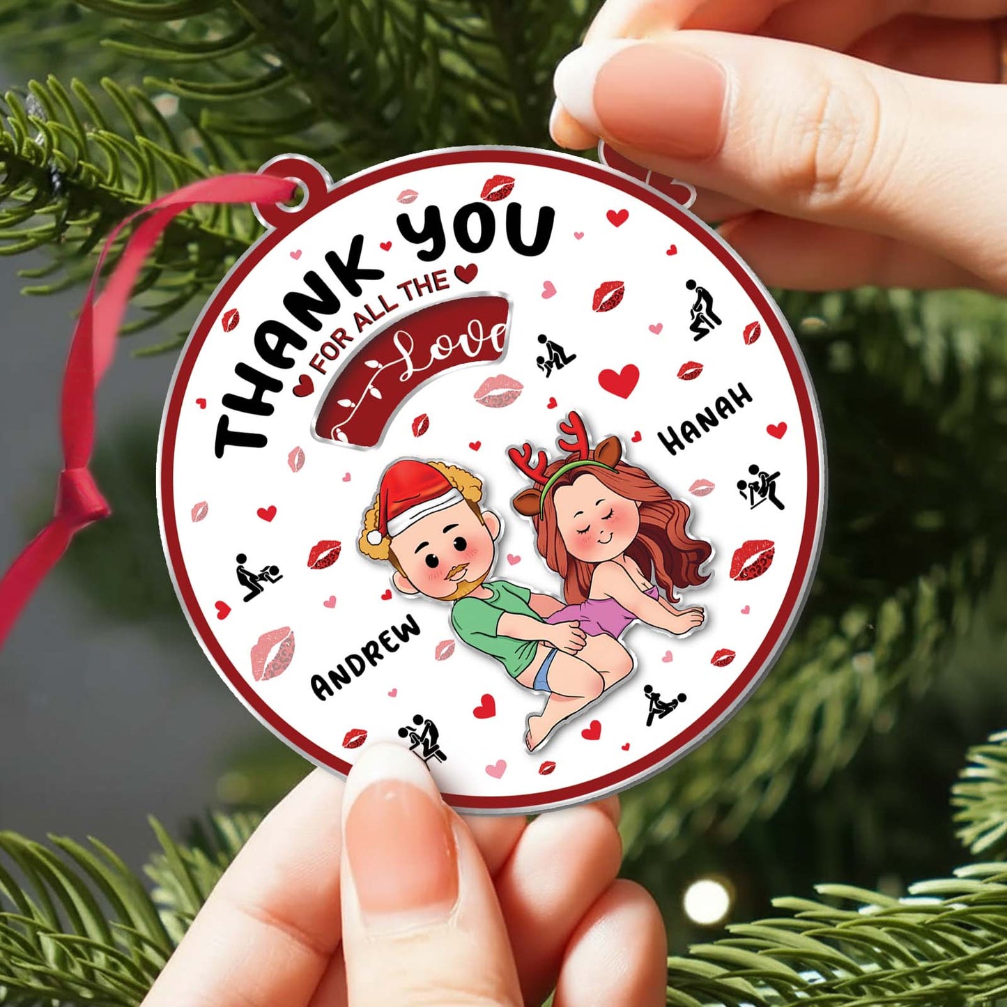 Personalized couple ornament featuring cartoon characters with names Andrew and Hannah, surrounded by hearts