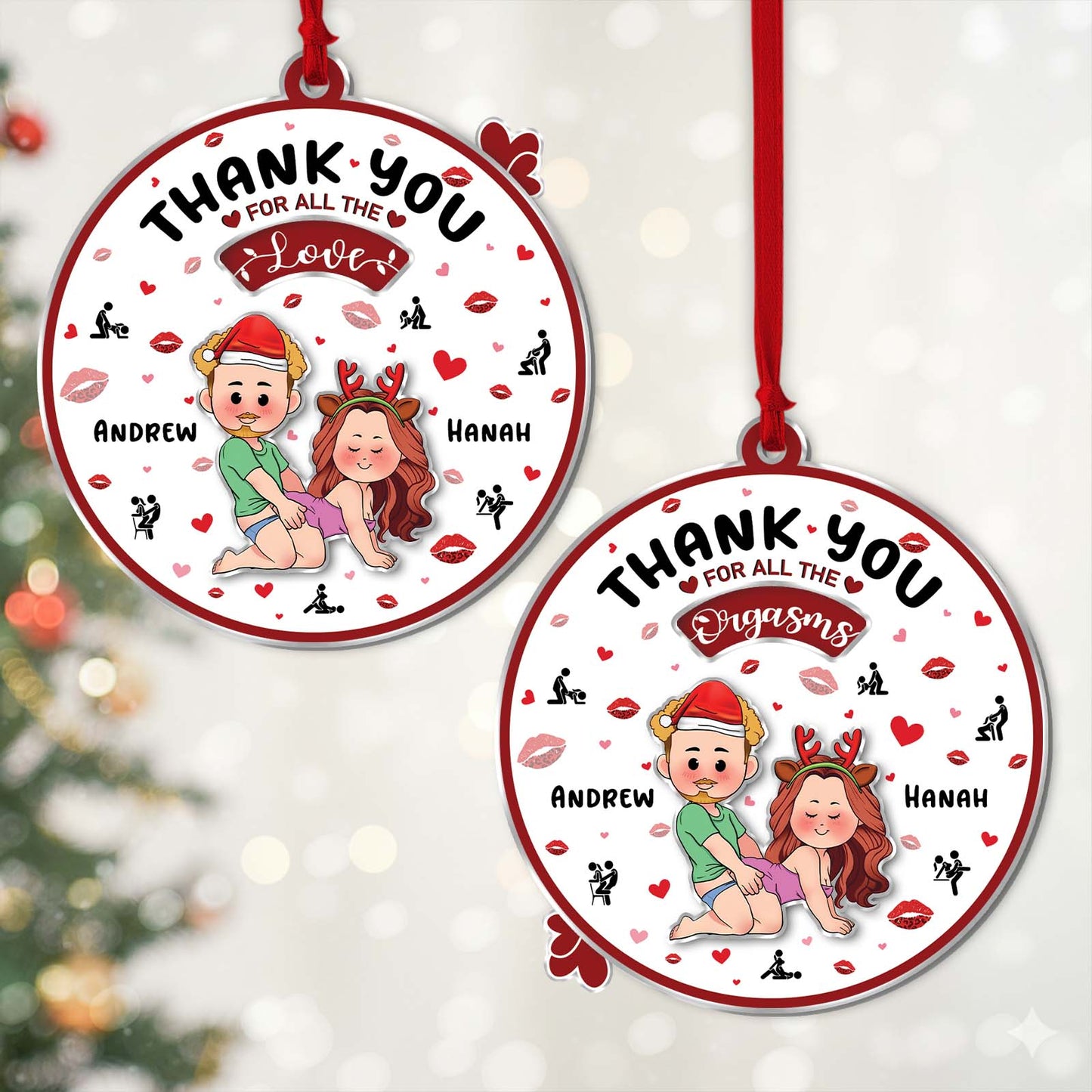 Personalized couple ornament featuring cartoon couple with names Andrew and Hanah for holiday decor