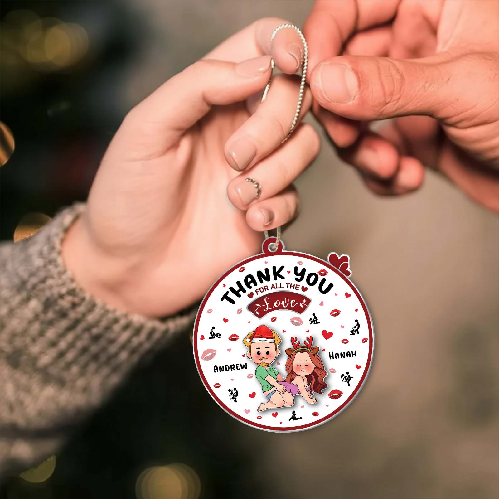 Personalized couple ornament featuring two characters with text Thank You for all the Love