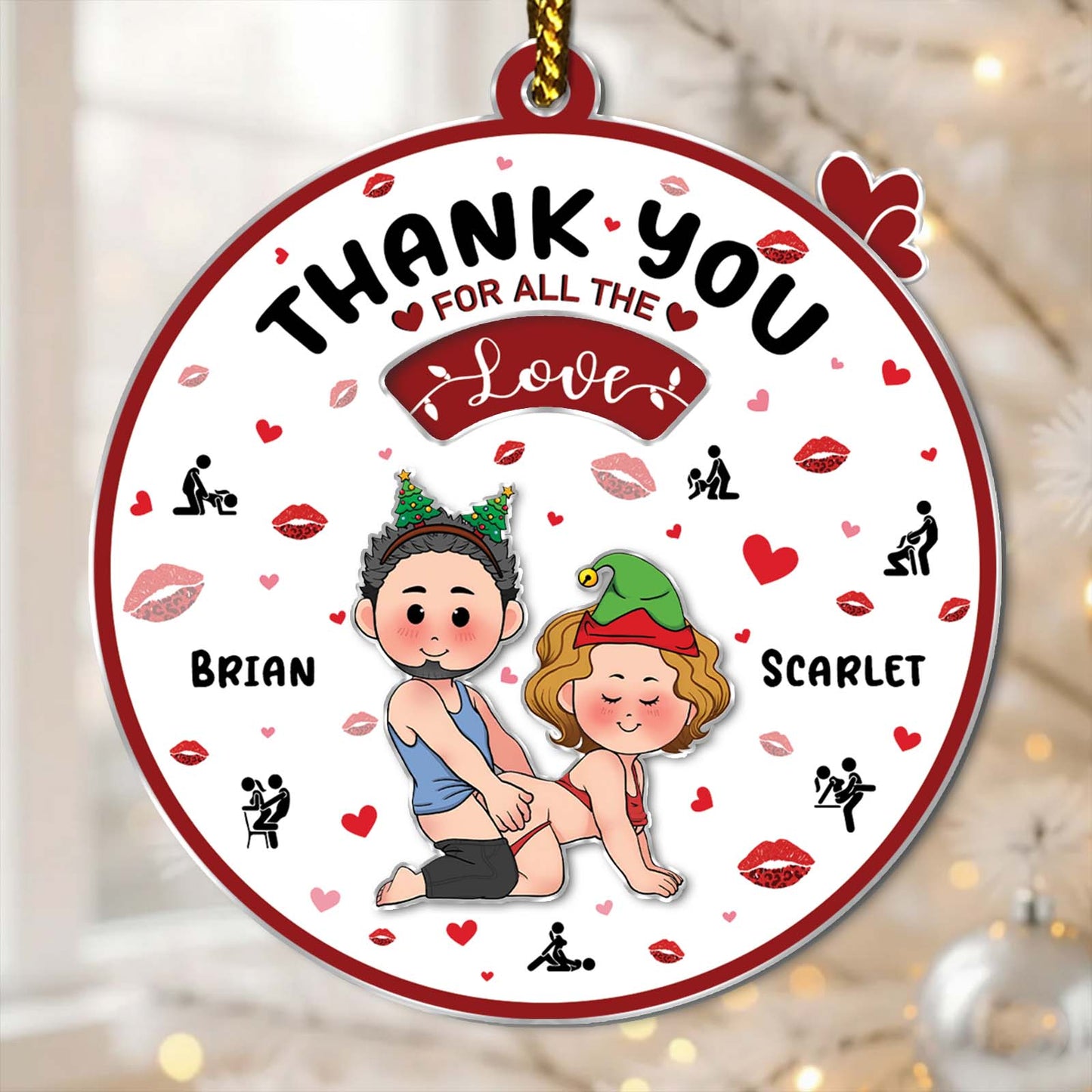 Personalized couple ornament featuring fun cartoon characters with names Brian and Scarlet for special occasions
