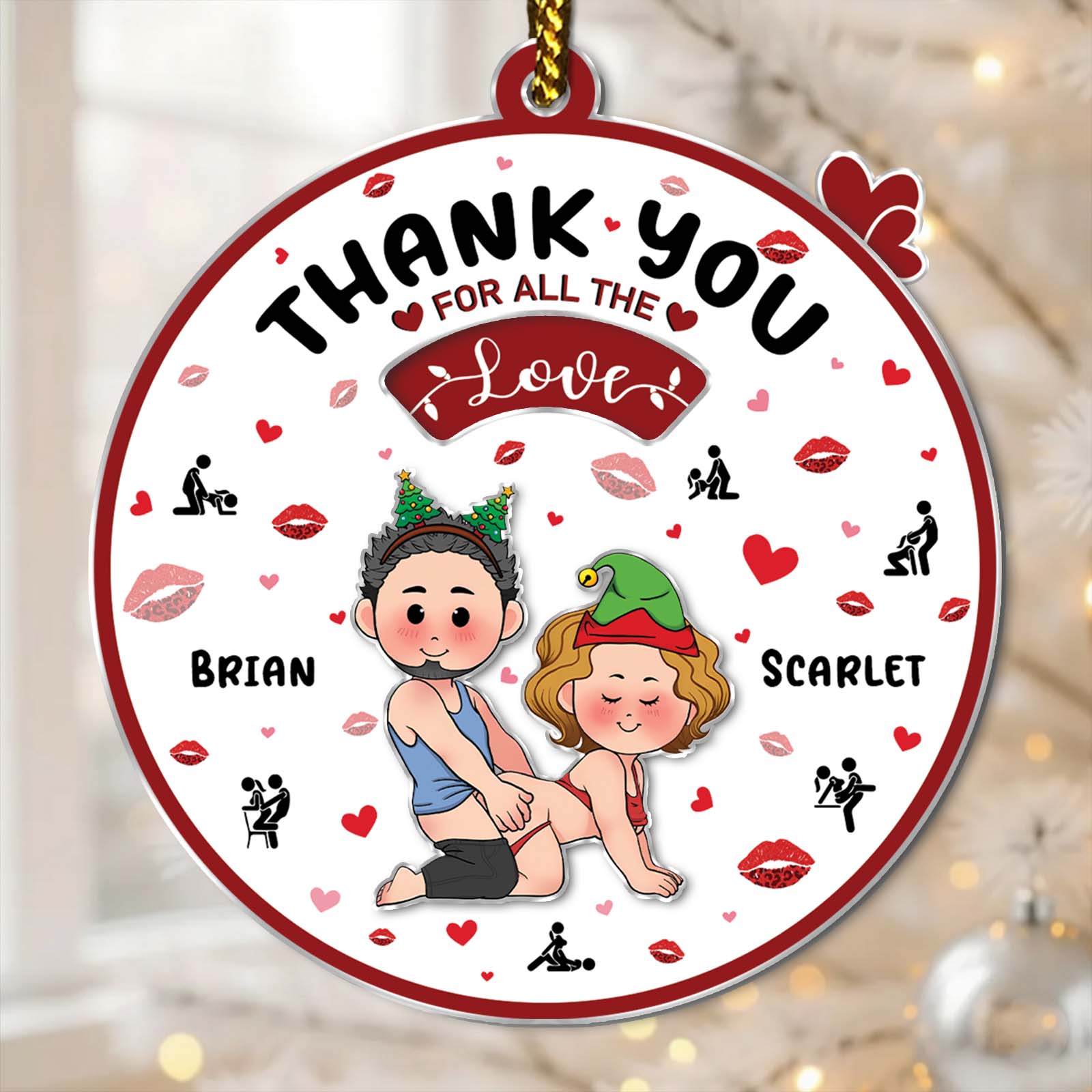Personalized couple ornament featuring fun cartoon characters with names Brian and Scarlet for special occasions
