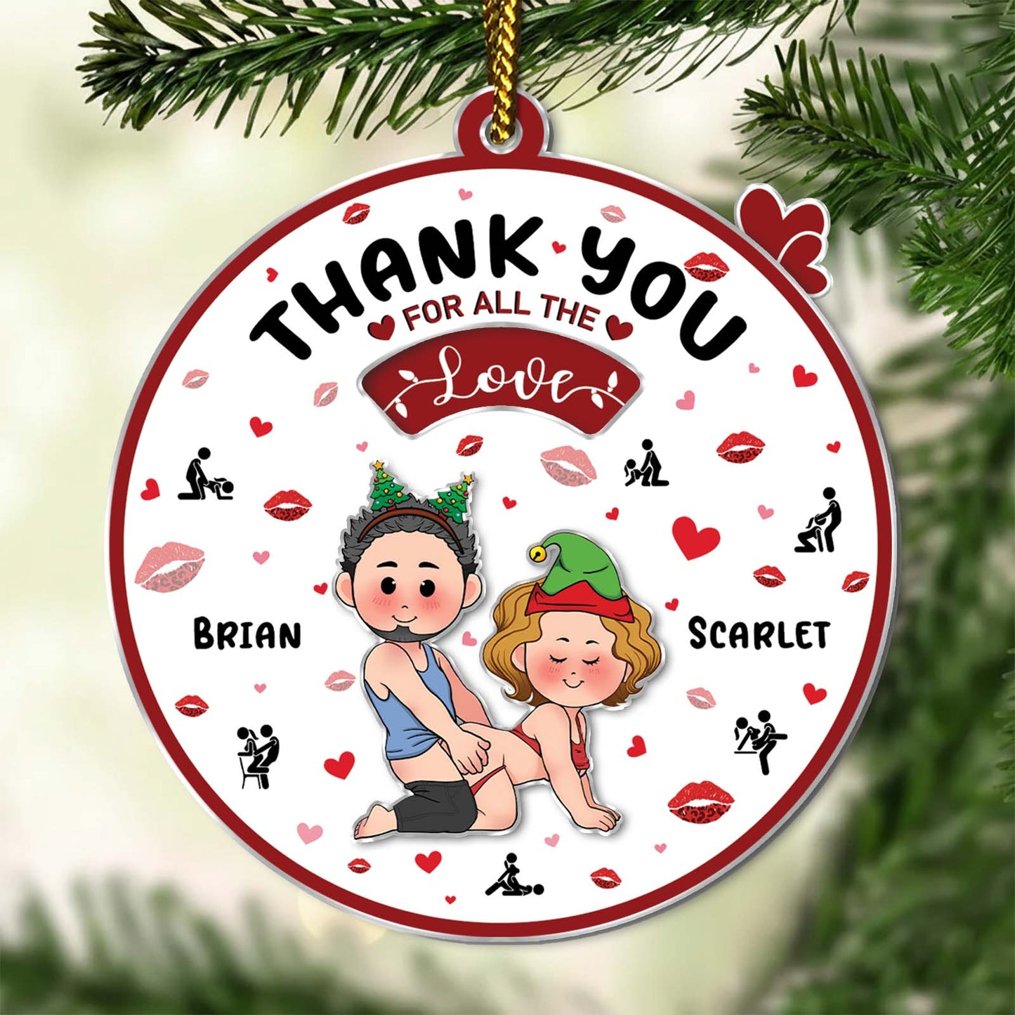Personalized couple ornament featuring a cartoon couple with names Brian and Scarlet on a festive design