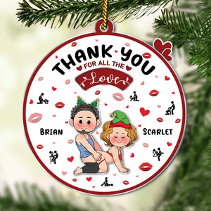 Personalized couple ornament featuring a cartoon couple with names Brian and Scarlet on a festive design