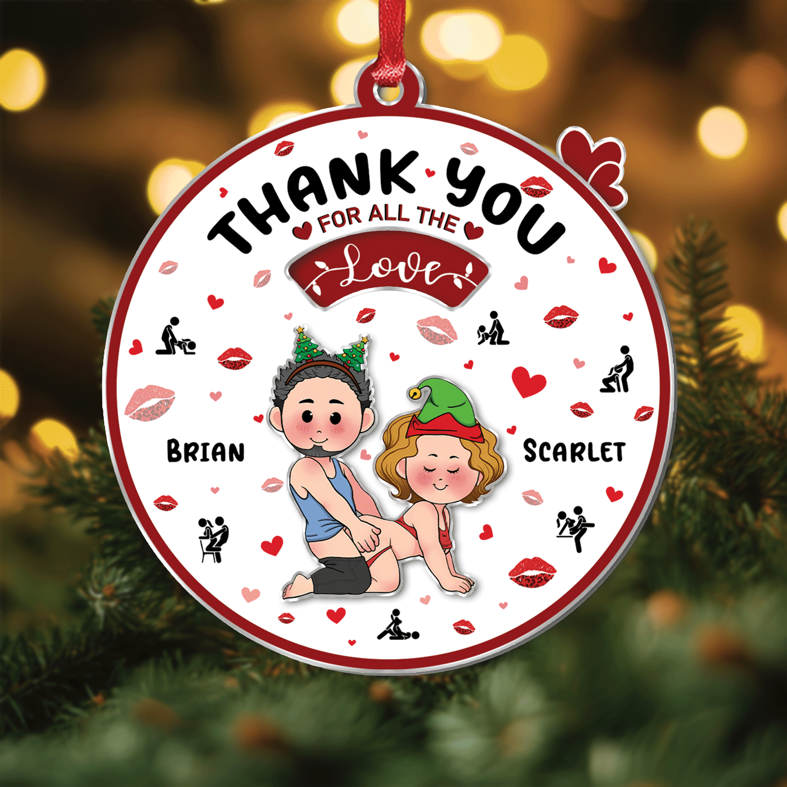 Personalized couple ornament featuring cartoon characters of Brian and Scarlet with festive decorations