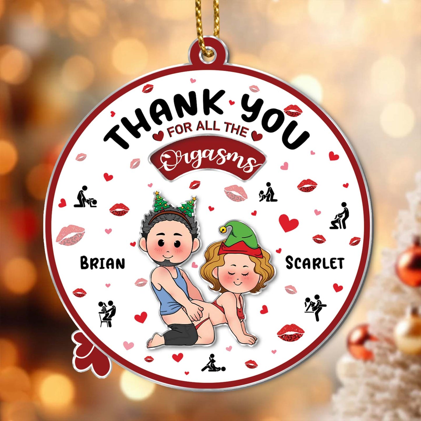 Personalized couple ornament featuring custom names with a playful design and festive colors