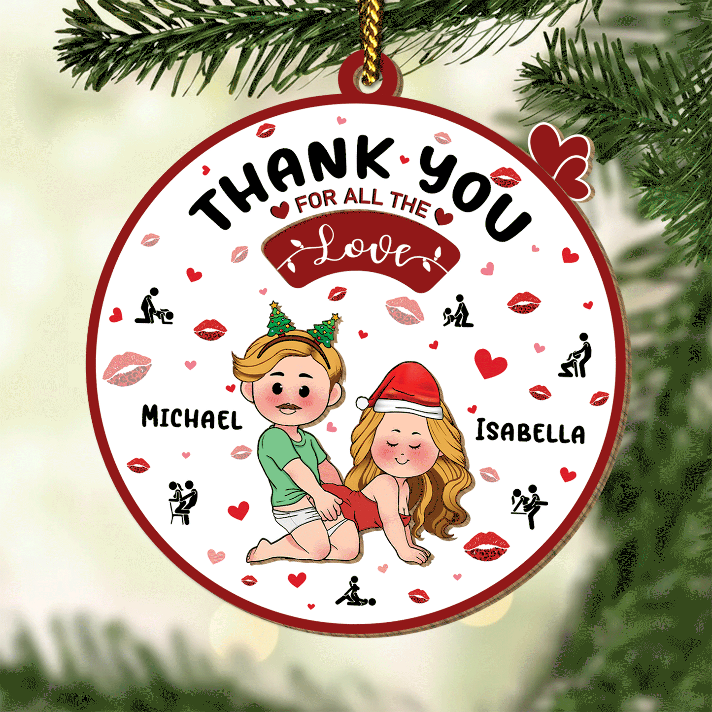 Personalized couple ornament featuring cartoon characters with names Brian and Scarlet surrounded by hearts