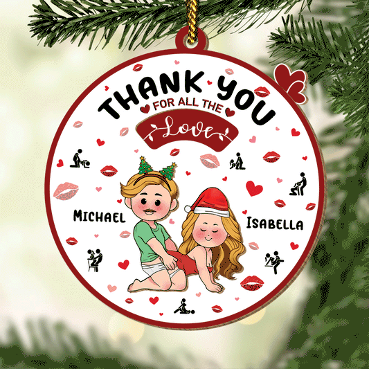 Personalized couple ornament featuring cartoon characters with names Brian and Scarlet surrounded by hearts