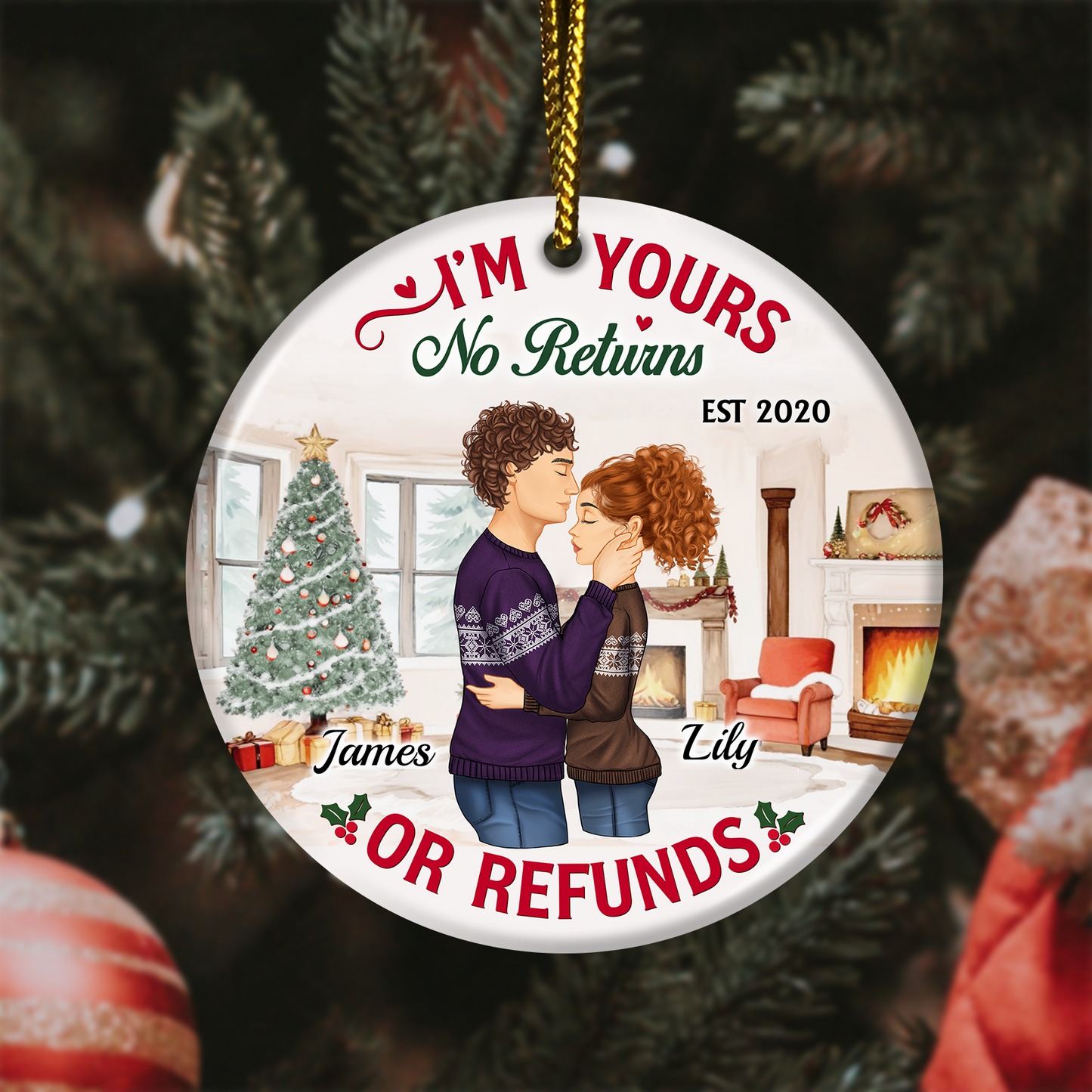 365Gifty personalized couple ornament with romantic couple illustration and holiday background