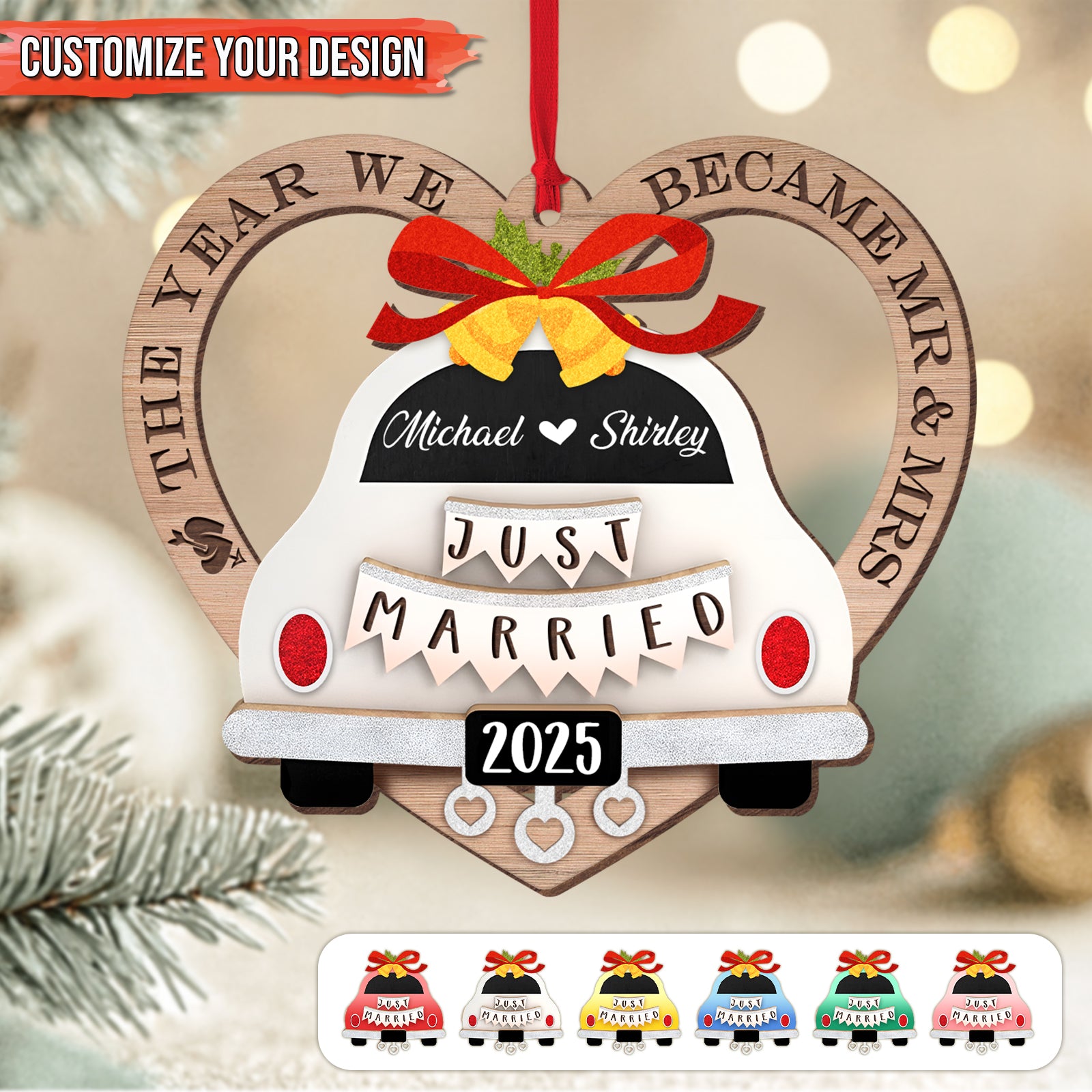 Personalized couple ornament featuring a wedding car design with customizable names and year for special memories