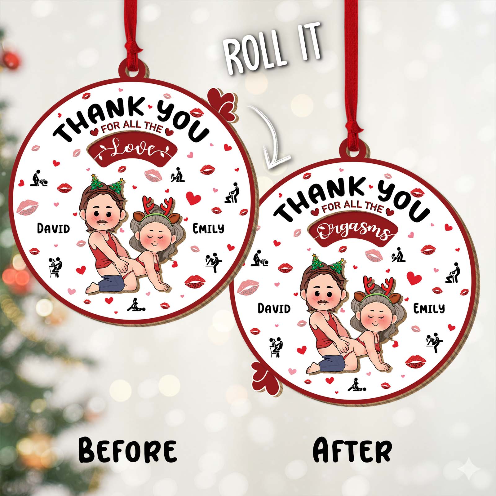 Personalized couple ornament featuring playful design with names David and Emily for unique holiday decor