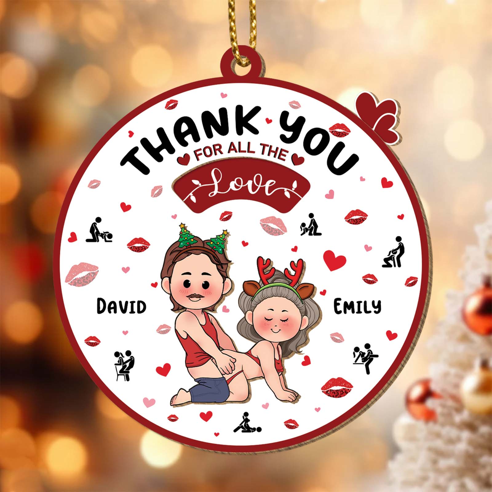 Personalized couple ornament featuring cartoon characters David and Emily with festive decorations