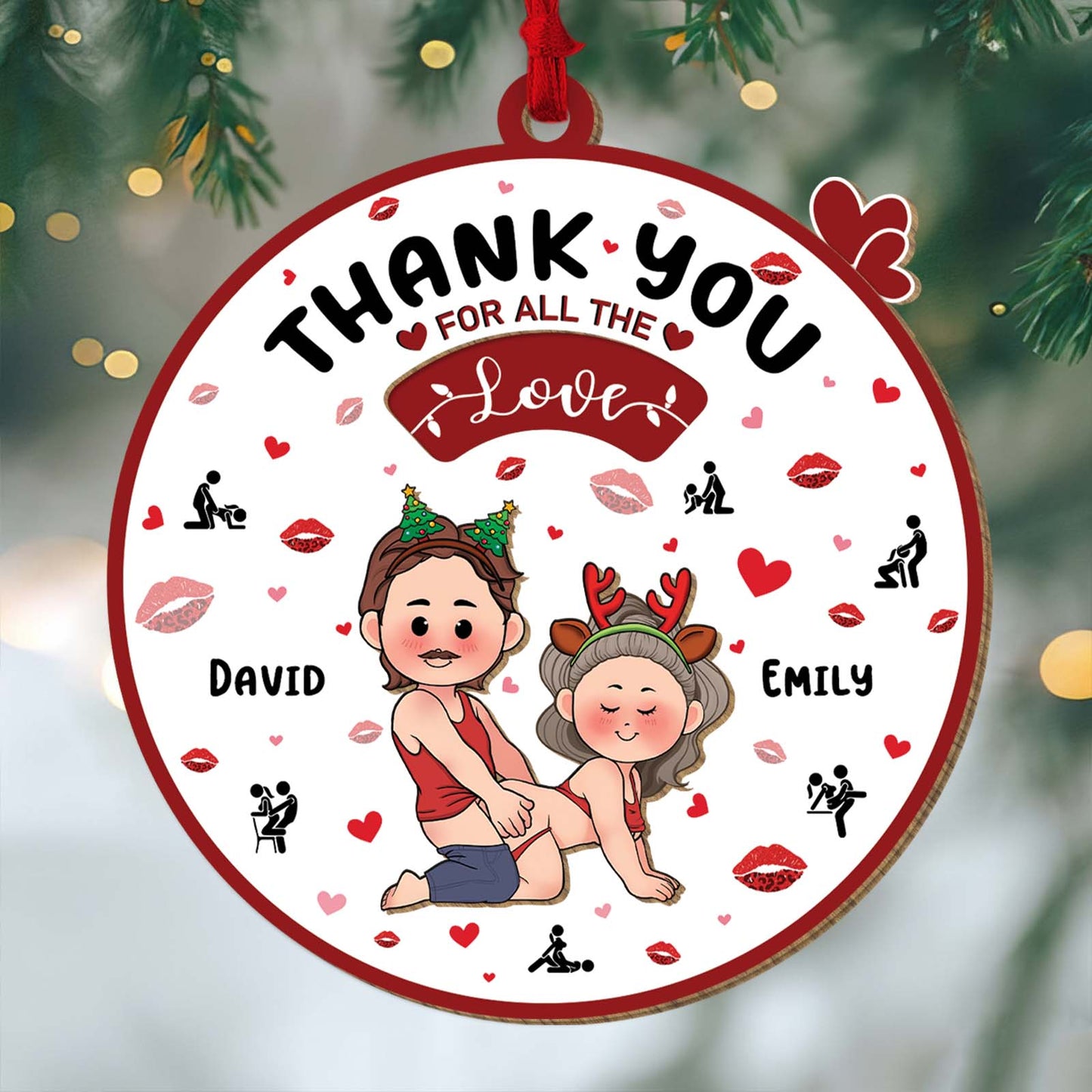 Personalized couple ornament featuring cartoon figures of a couple with custom names David and Emily