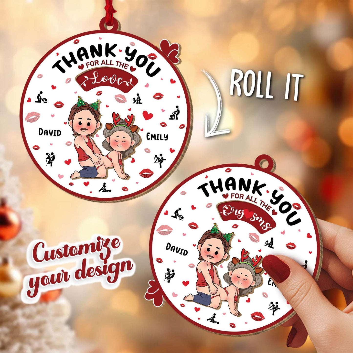 Personalized couple ornament featuring a playful design with custom names for a unique holiday gift