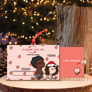 Personalized couple ornament with cartoon characters and humorous love message by 365Gifty