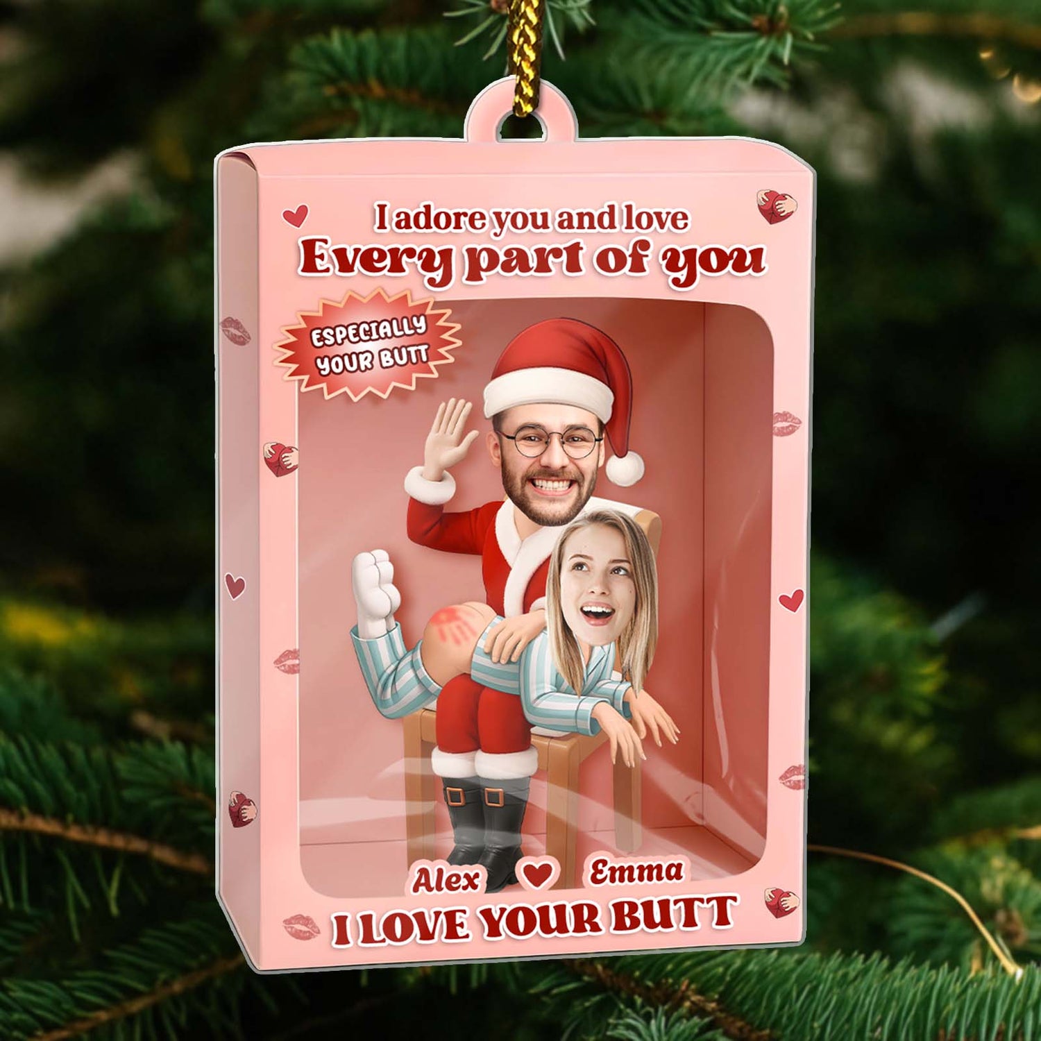 Personalized couple ornament gift featuring a playful design with Alex and Emma for a special holiday memory