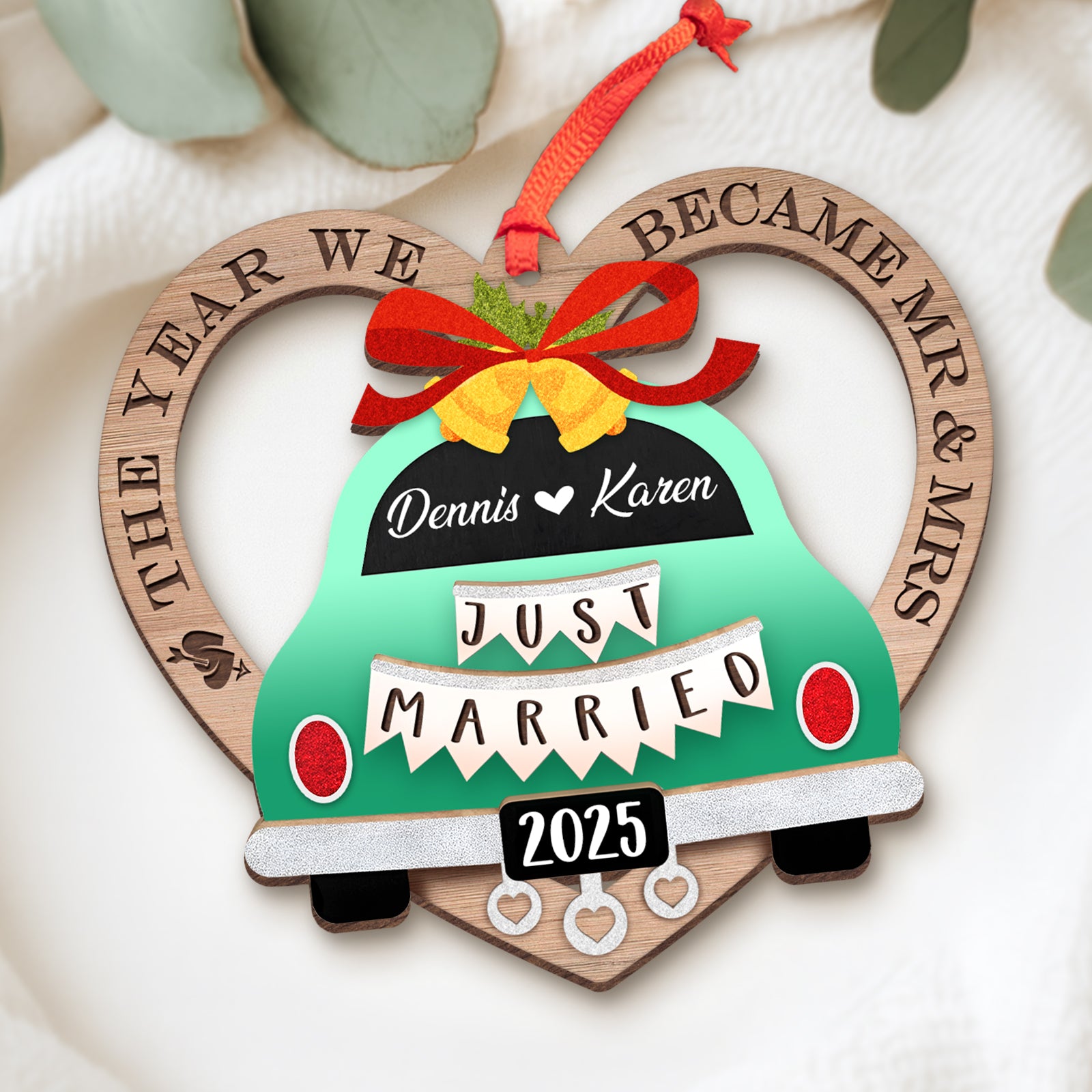 Personalized couple ornament featuring a green car design with names and 'Just Married' banner for newlyweds