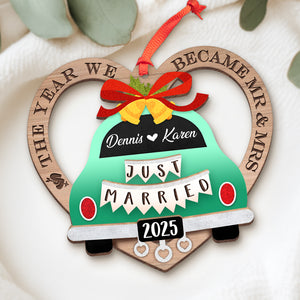 Personalized couple ornament featuring a green car design with names and 'Just Married' banner for newlyweds