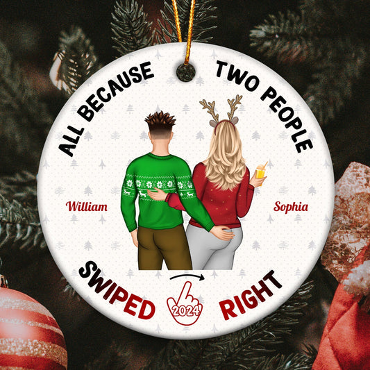 Personalized couple ornament with custom names William and Sophia all because two people swiped right 2024